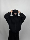 ZERODAS Ninja Mask Hoodie – Black zip-up balaclava hoodie with built-in face cover, perfect for streetwear and urban fashion.