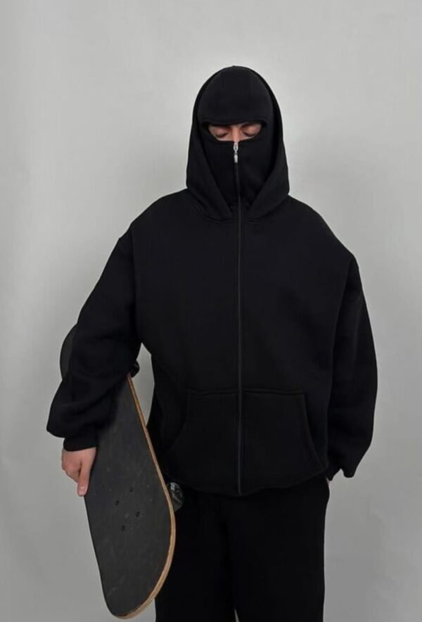 ZERODAS Ninja Mask Hoodie – Black zip-up balaclava hoodie with built-in face cover, perfect for streetwear and urban fashion.