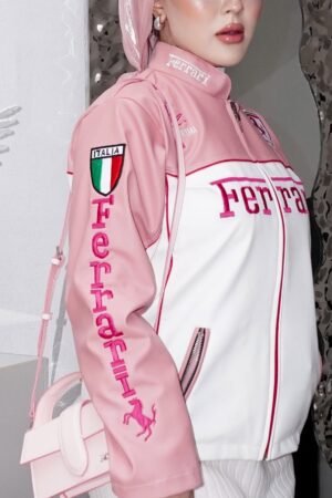 Woman wearing a stylish Pink Ferrari Jacket, a women’s Ferrari racing jacket with a sleek motorsport-inspired design, perfect for streetwear fashion.