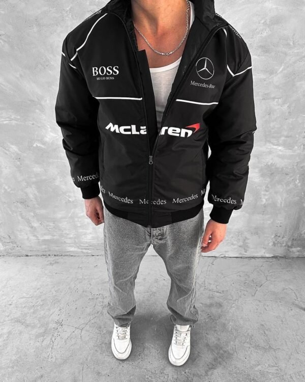 Front view of Mercedes AMG Petronas Formula 1 Jacket – Black & Green Edition