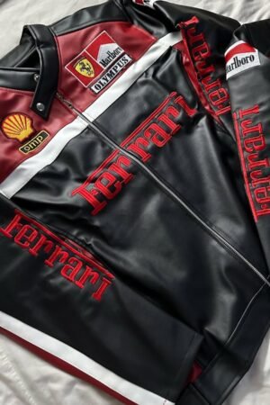 Front view of Olympus Ferrari Racing Jacket – Black Ferrari Leather Jacket