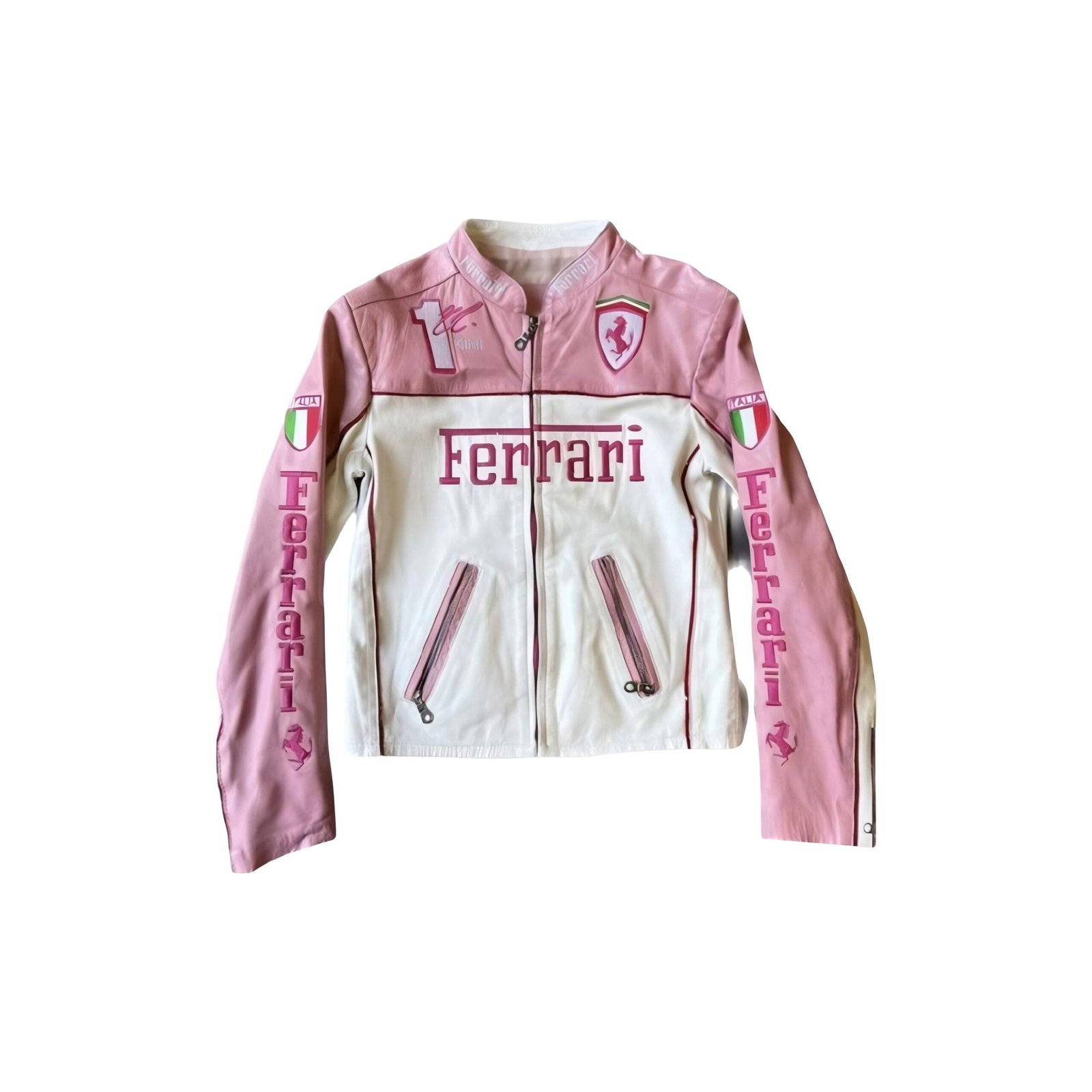 Pink Ferrari leather racing jacket - unique and trendy streetwear fashion