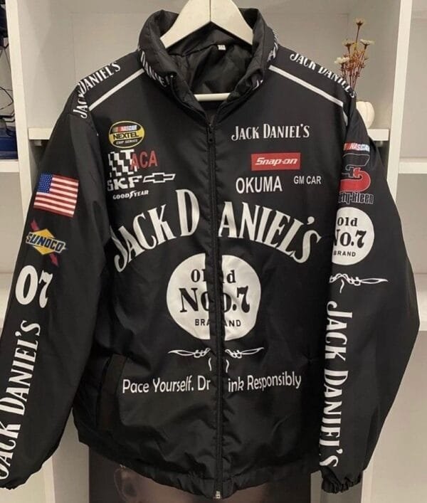 Jack Daniel’s racing jacket - black vintage NASCAR-inspired streetwear with embroidered logos. Buy now at ZERODAS.