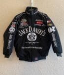 Classic Jack Daniels Racing Jacket Old No. 7 racing jacket with sponsor patches, perfect for streetwear and motorsports enthusiasts. Available at ZERODAS.