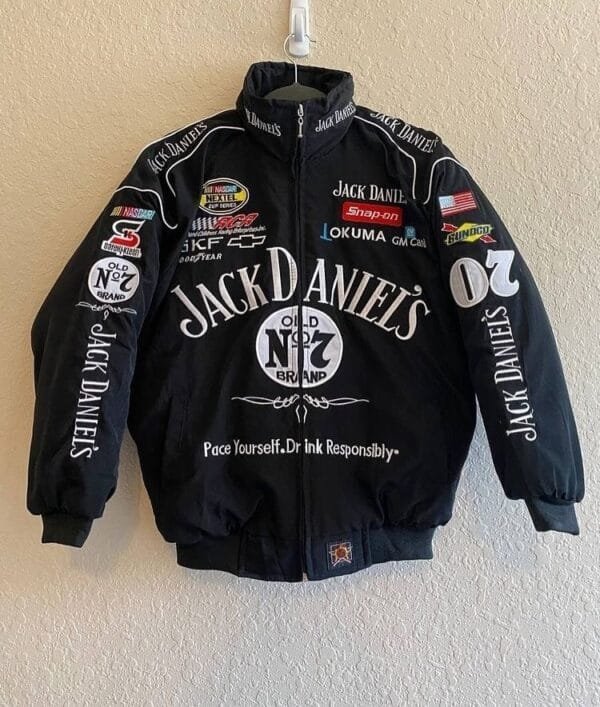 Classic Jack Daniels Racing Jacket Old No. 7 racing jacket with sponsor patches, perfect for streetwear and motorsports enthusiasts. Available at ZERODAS.