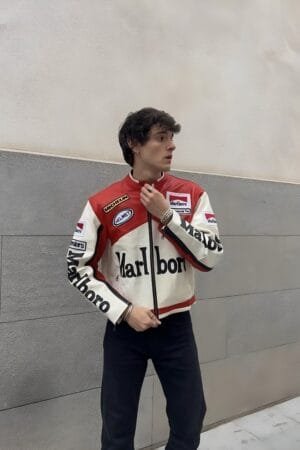 Marlboro Leather Racing Jacket – Red & White Retro Moto Jacket by ZERODAS