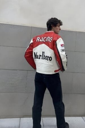 Backside View of Marlboro Leather Jacket – Red & White Racing Style by ZERODAS