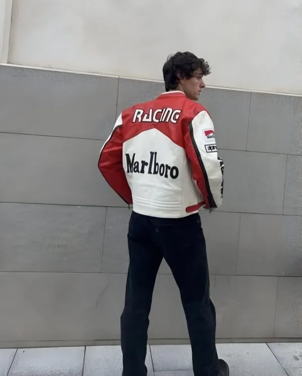 Backside View of Marlboro Leather Jacket – Red & White Racing Style by ZERODAS