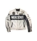 A white Mercedes-Benz racing leather jacket featuring bold black branding, sponsor logos, and zipper details on the sleeves and pockets.