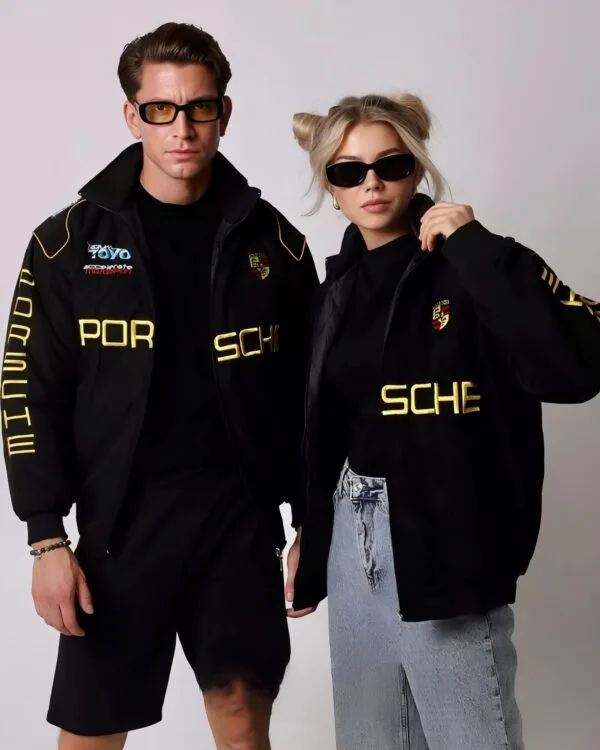 Premium Porsche bomber jacket featuring a sleek design with embroidered details and a stylish fit.