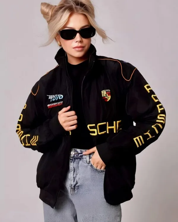 Side view of the Porsche bomber jacket highlighting its comfortable fit and premium fabric.