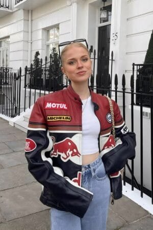 Red Bull Leather Jacket Close-Up—Embroidered Logo Details