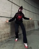 Rear view of Peter Parker inspired black hoodie with hood up