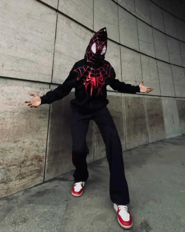 Rear view of Peter Parker inspired black hoodie with hood up