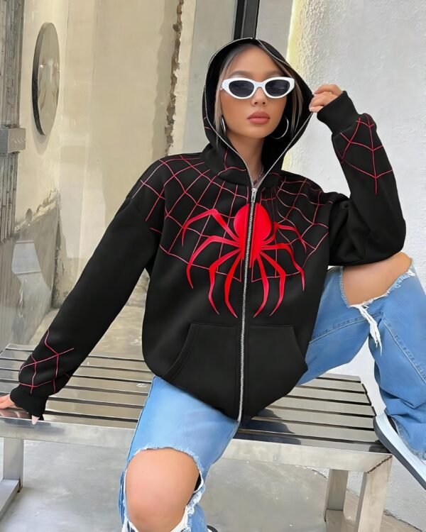 Lifestyle shot of Zerodas black Spiderman hoodie in streetwear style
