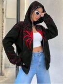 Model wearing black Spiderman zip-up hoodie from Zerodas