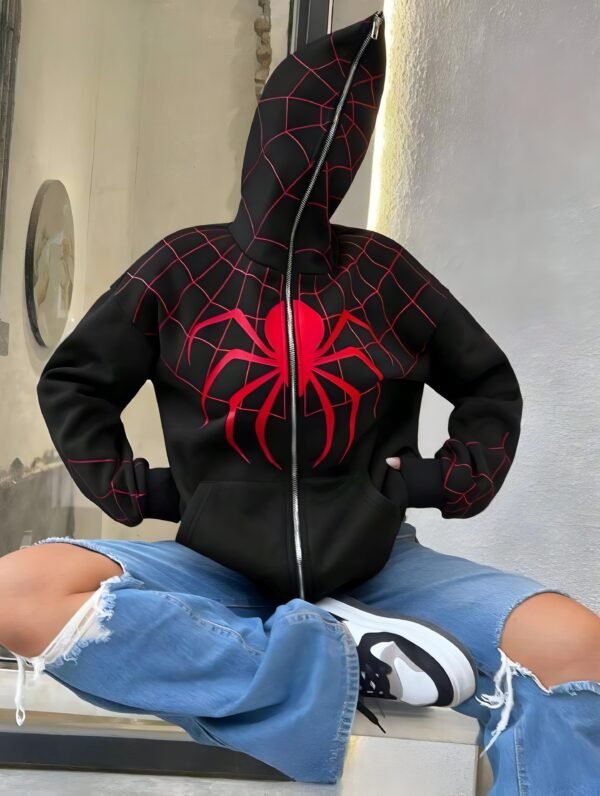 Spiderman hoodie for women in black with minimalist web detail