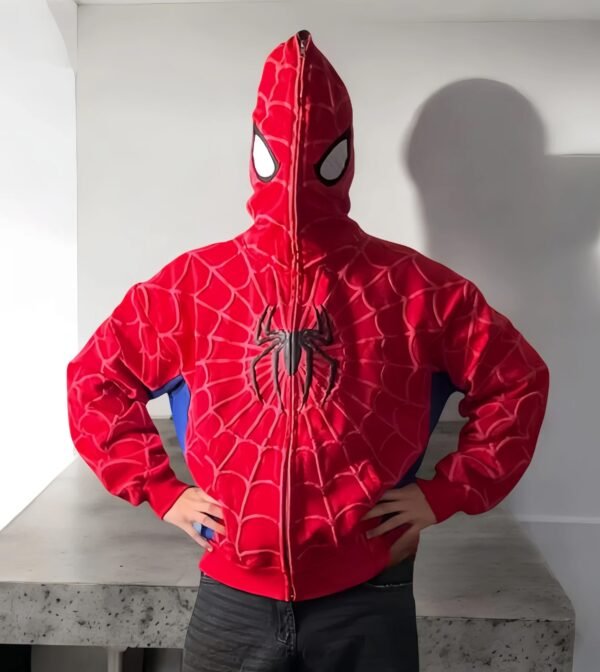 Close-up of spider web pattern on Zerodas Spider-Man hoodie