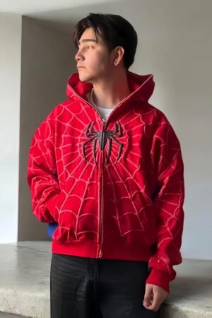 Front view of Zerodas Spidey Hoodie with spider web design