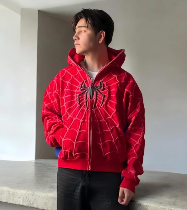 Front view of Zerodas Spidey Hoodie with spider web design