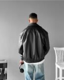 Back view of Zerodas vintage black leather jacket with breathable lining