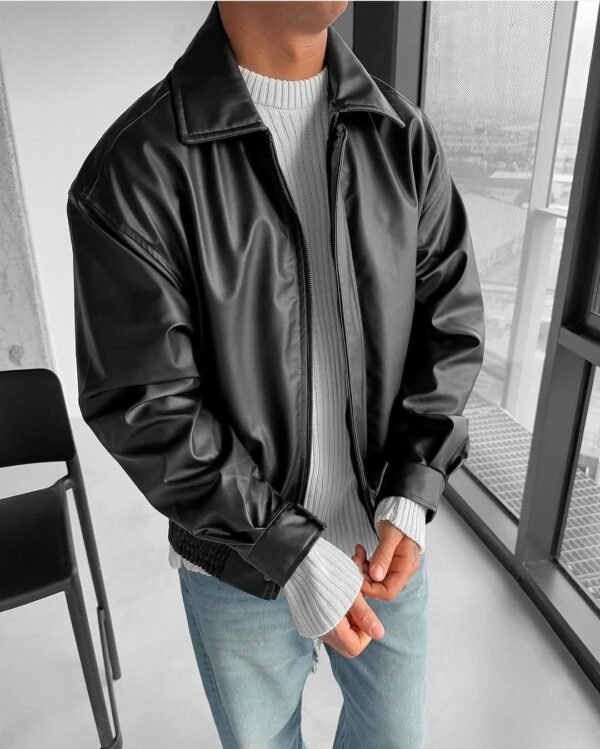 Men wearing Zerodas vintage black leather jacket with distressed finish