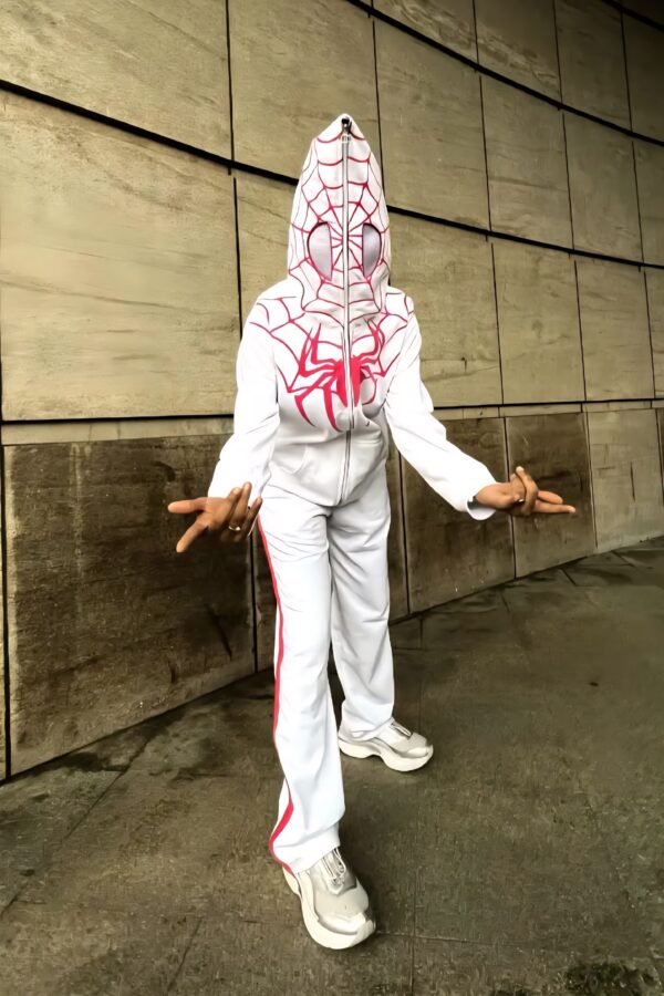 Front view of Zerodas White Spiderman Zip-Up Hoodie